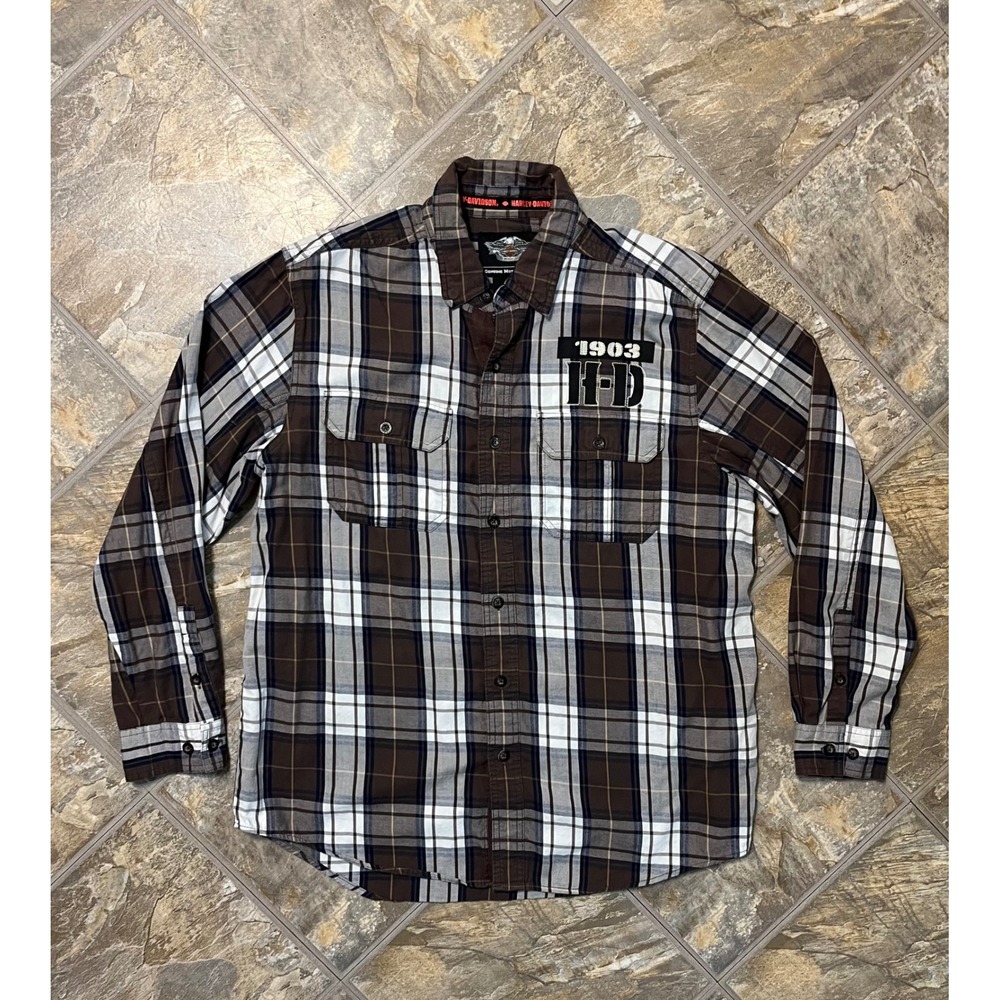 Harley-Davidson Plaid Shirt Mens Large Brown Willie G Skull 1903 H-D